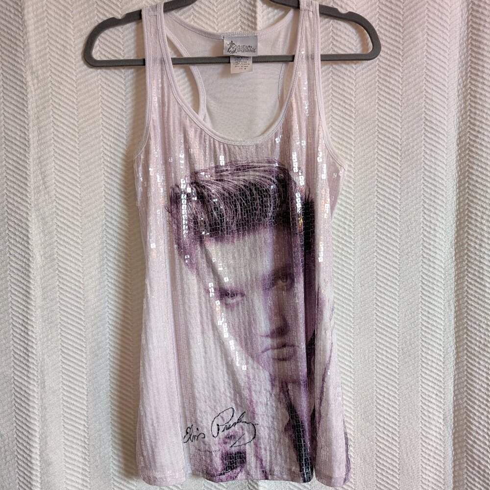 Graceland Elvis Presley Long Sequined White Tank Top Medium Rock 'n' Roll